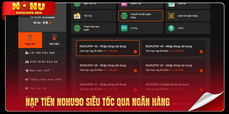 Nạp tiền Nohu90 siêu tốc qua ngân hàng